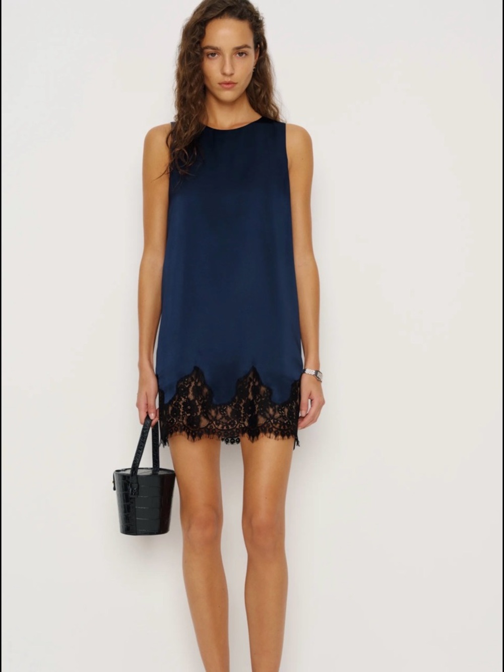 Reformation Navy Shift Dress with Black Lace Hem